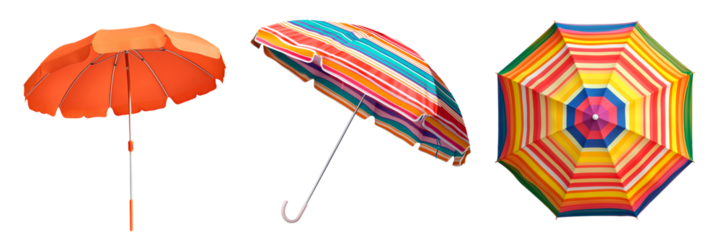 A set of colorful striped beach umbrella with vibrant red, orange, blue, and yellow patterns, perfect for sunshade and outdoor summer activities.