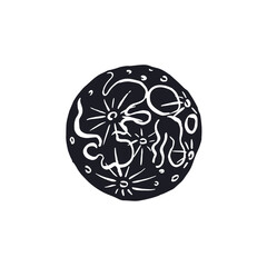 Hand drawn monochrome inky silhouette of full moon isolated on white background