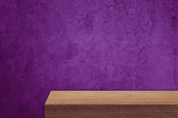 edge of brown wooden counter with blank space for product montage display with rustic purple stucco concrete wall at background. border of wood table for decoration. front view elevation of table.