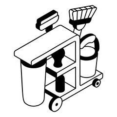 Janitorial  Caddy isometric vector design, Housekeeping symbol, Public health Custodial sign, Waste management illustration,Basket on wheels carrying Cleaning Liquids and tools outline concept