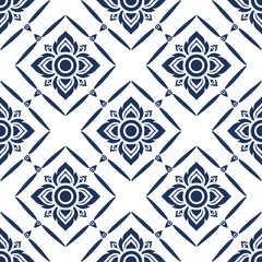 Floral pattern, Thai pattern, continuous Thai pattern, continuous decorative pattern, white and blue vector background, simple composition, seamless, simple and elegant, decoration