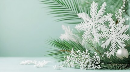 Obraz premium Festive Winter Arrangement With Snowflakes And Greenery