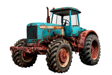 Obraz premium Rusty blue tractor with red accents, showcasing years of rugged use and weathered charm. Isolated on a transparent background. Perfect for vintage, farming, or rural-themed visuals.
