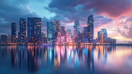 Fototapeta premium Vibrant city skyline at sunset, reflected in calm water.