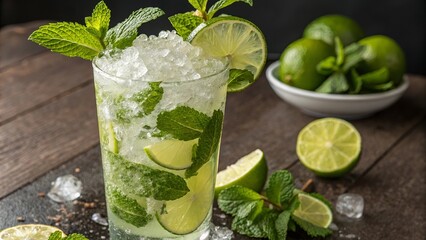 Fototapeta premium A chilled glass of mojito cocktail garnished with mint and lime slices perfect for enjoying a tropical and refreshing moment.