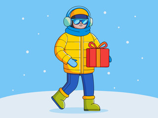 Winter Shopper in Bright Yellow Puffer Coat and Blue Jeans – Stylish Cold-Weather Fashion