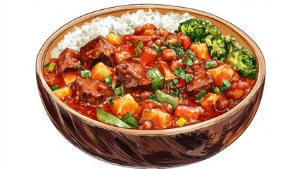 Savory feijoada stew with vegetables and rice isolated on white food culinary delight