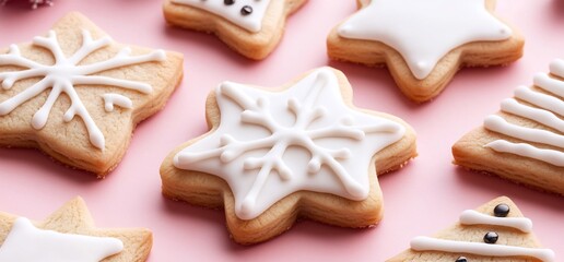 Colorful Decorated Holiday Cookies on Soft Pink Background for Festive Cheer