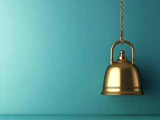 Obraz premium A golden bell hangs from a chain against a teal wall