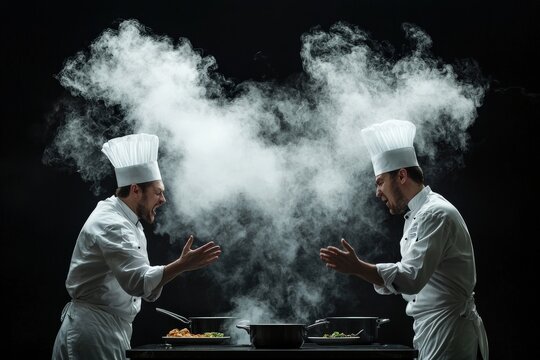 Heated argument between two chefs in a busy kitchen, with steam rising and utensils clattering