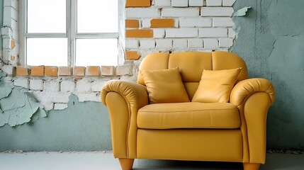 Close-up Photo: Softly Lit Yellow Armchair in a Rustic Interior Setting. AI Generated