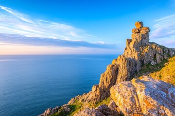 Majestic ocean cliffs at dawn with dramatic lighting and windswept granite headlands overlooking...