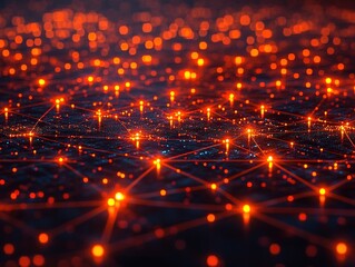 Fototapeta premium A digital representation of interconnected nodes and networks glowing in orange and blue hues.