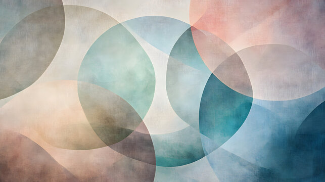 A layered abstract design of translucent circles and overlapping shapes in soft pastel tones, creating a sense of harmony and balance 