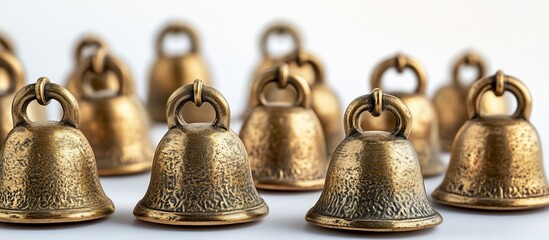 Close-up of multiple small antique brass bells.