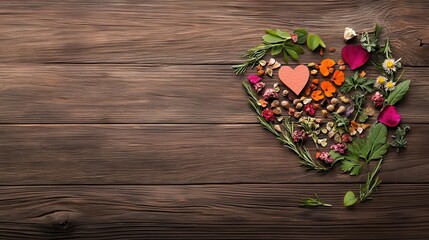 Heartshaped herbal coasters made of pressed flowers and leaves, on a wooden table