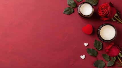 Herbal skincare products with Valentine designs, including roses, essential oils, and heartshaped jars