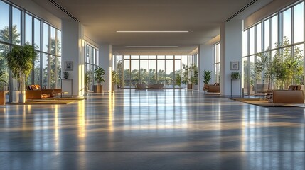 Fototapeta premium A spacious, modern interior with large windows, plants, and seating areas, creating a serene atmosphere.