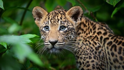 Fototapeta premium close young leopard portrait in jungle