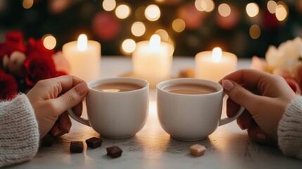 Couple sharing herbal chocolates and tea by candlelight, surrounded by flowers and glowing ambiance
