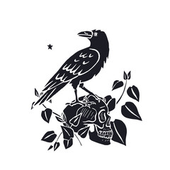 Hand drawn monochrome inky sketch style raven or crow sitting on human skull silhouette isolated on white background. Mystic black bird and head bone surrounded by nettle leaves Halloween design