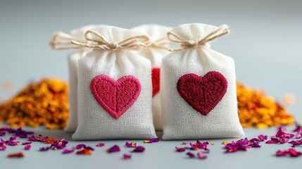 Herbal sachets with embroidered heart designs, surrounded by dried petals and soft ambient light