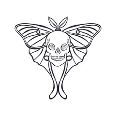 Hand drawn black and white sketch of human skull with luna moth wings isolated on white background. Monochrome Bohemian skeleton head with butterfly design