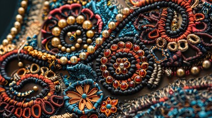 Beaded frame with intricate patterns. -