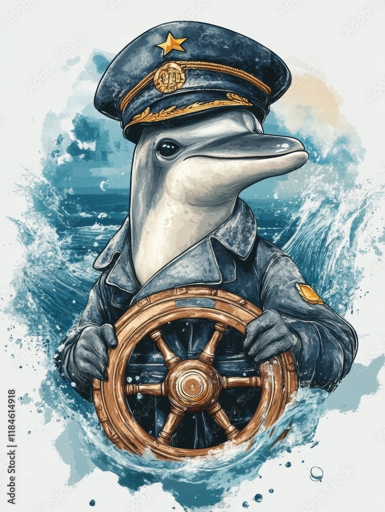 Aufkleber Dolphin captain navigating the ocean with a ships wheel under a bright sky. Generative AI
