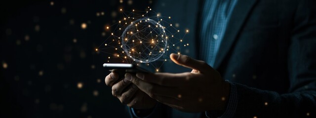 A person holding a smartphone with a glowing network graphic, symbolizing digital connectivity.