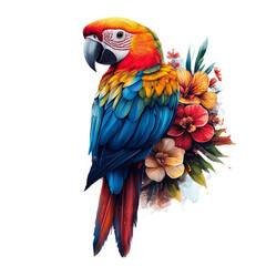 Obraz premium A colorful parrot with vibrant feathers and tropical flowers.