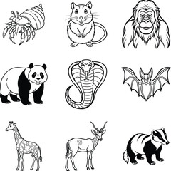 Obraz premium Set of animals line art vector on white background.