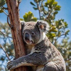 Fototapeta premium A koala resting on a eucalyptus tree with a bright blue sky in the background.