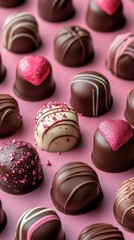Obraz premium A delightful assortment of chocolate truffles in various designs and colors on a pink background.