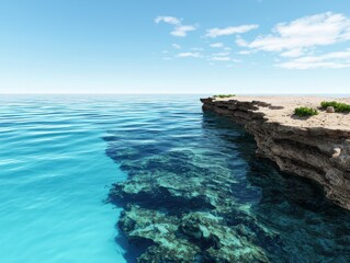 Fototapeta premium A serene ocean view features clear turquoise waters lapping against a rocky shoreline under a bright blue sky.