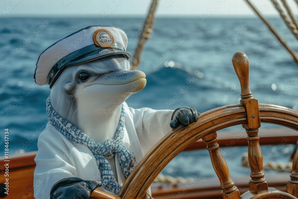 Poster dolphin dressed as ship captain steering a vessel through the ocean waves on a sunny day. generative