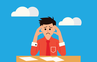 Frustrated businessman at desk with paperwork. Stress, burnout, deadline pressure. mental health, overwhelmed, exhaustion, office life, productivity, fatigue, anxiety, frustration, problem solving.