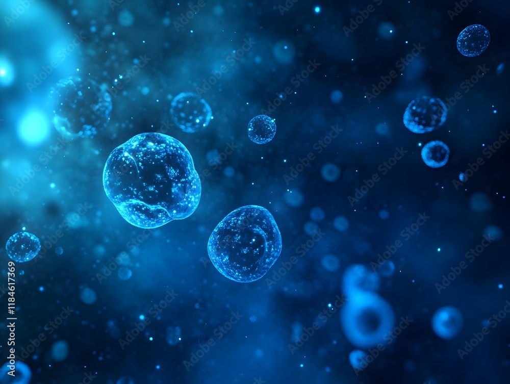 Poster Abstract close-up visualization of luminous blue cells floating in a dark cosmic environment, representing microscopic life and biological processes in a captivating backdrop.