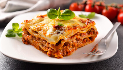 Fototapeta premium freshly baked lasagna piece on white plate close up
