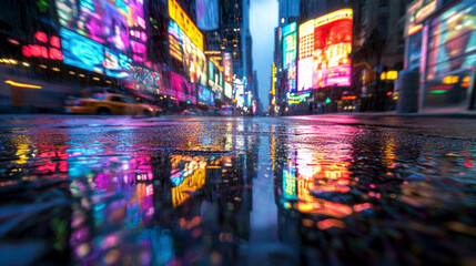 Obraz premium Abstract view of colorful puddles reflecting neon lights in a dark urban setting.