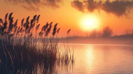 Obraz premium A stunning sunset over marshland featuring metallic reeds gracefully reflecting in the water.