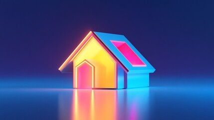 Naklejka premium Neon glowing house icon on reflective surface.