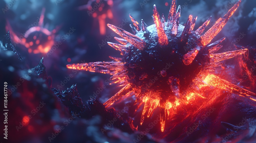 Poster abstract representation of microscopic organisms with glowing spikes, showing details of texture and