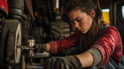 Young Woman Mechanic Working on a Tractor
