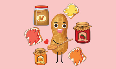Peanut Butter and Jelly Sandwich, Jars of Peanut Butter and Jelly with Peanut Butter and Jelly on Slices of Bread.National Peanut butter and jelly day design elements.