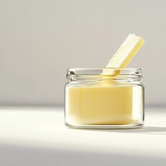 Smooth Butter in Glass Jar with Butter Stick on Light Background