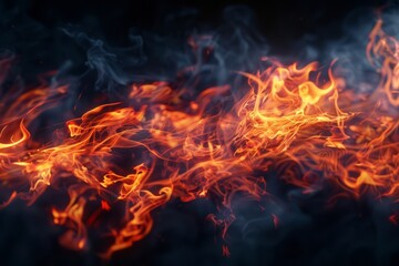 Fototapeta premium Abstract flames with swirling fire patterns and smoke on a dark background.