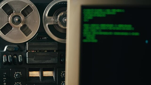 Tape audio music player with tv television, studio magnetic tape with pc computer data stogare, vintage retro spool reel to reel player and recorder, magnetic tape data storage close up, music studio