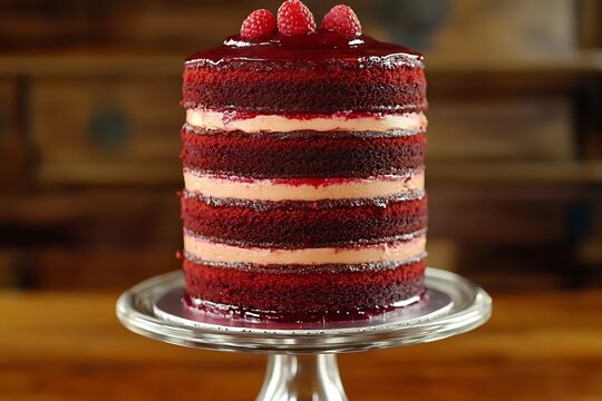 A tall, multi-layer red velvet cake with each layer separated by a thin raspberry compote, on a glass stand.