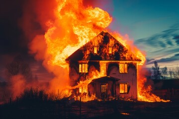 Burning house with intense flames and smoke during a fire disaster. The building on fire.